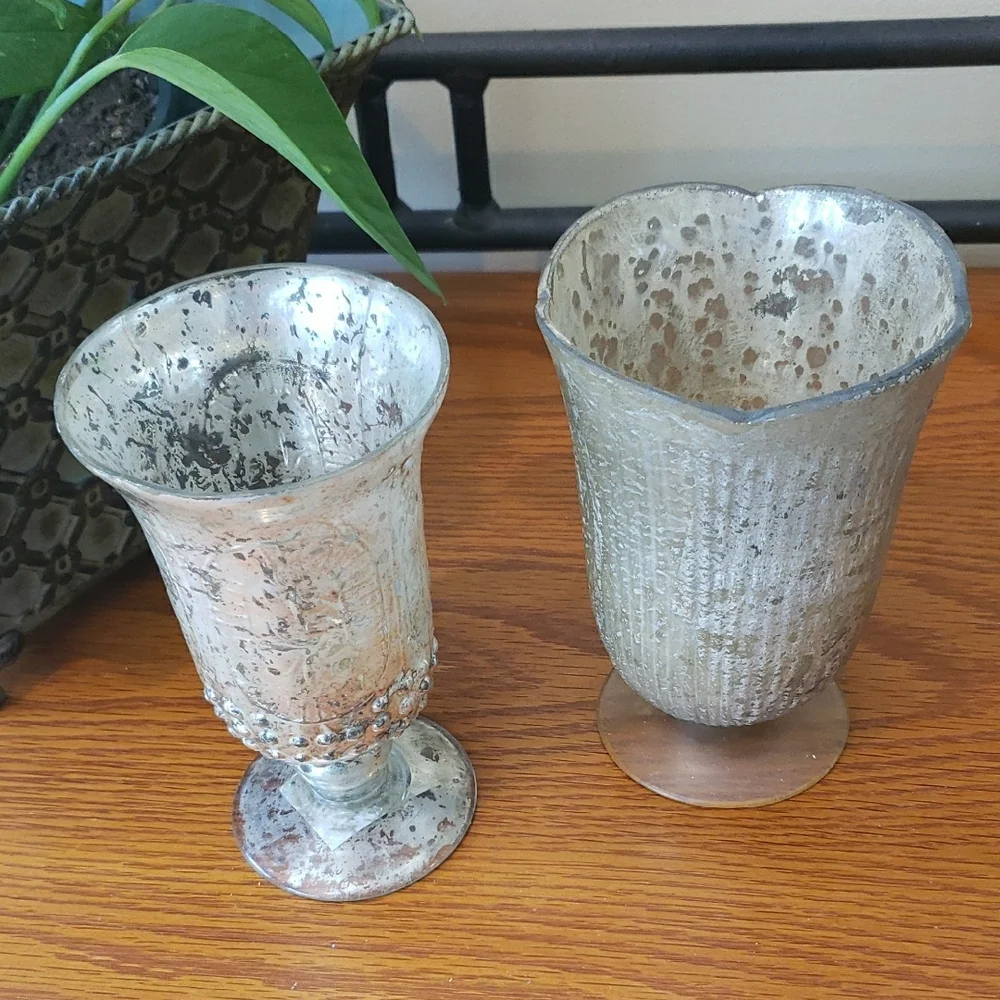 Gold Distressed Painted Decorative Vases/Candle Holders - Set Of 2 - 6